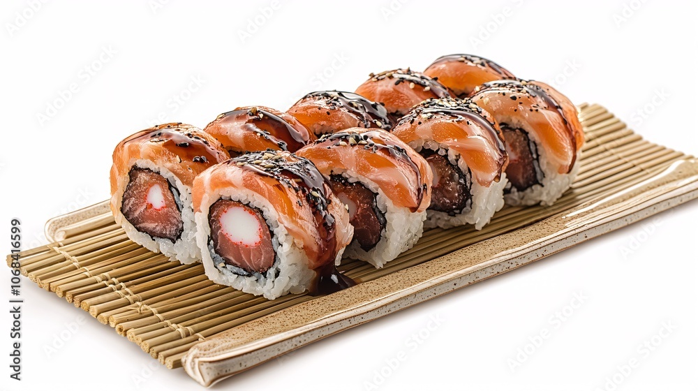 Poster top-down view of a deliciously plated sushi assortment with colorful rolls on a bamboo mat capturing