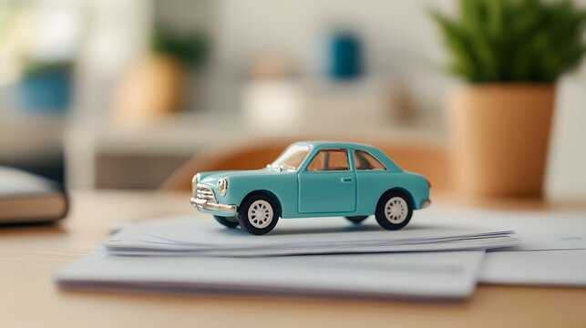 A toy car or miniature model automobile sitting on top of a stack of car insurance policy documents or paperwork placed on an office desk or workspace  Concept of automotive transportation business