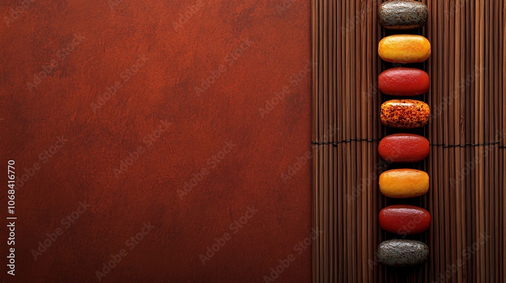Poster top-down view of a deliciously plated sushi assortment with colorful rolls on a bamboo mat capturing