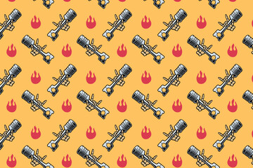 metal hand skull holding piston colorful pattern on yellow background. rock hand skeleton gripped cylinder seamless pattern background. piston with hand seamless pattern for decor and merchandise