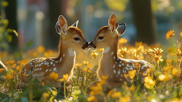 Two fawns are playing in the meadow with colored flowers  on a beautiful afternoon