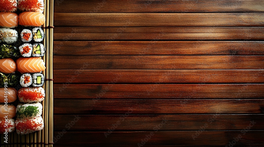 Poster top-down view of a deliciously plated sushi assortment with colorful rolls on a bamboo mat capturing