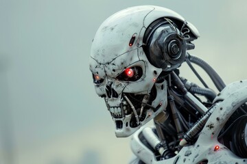 Fototapeta premium White and black cyborg with red eyes is showing artificial intelligence