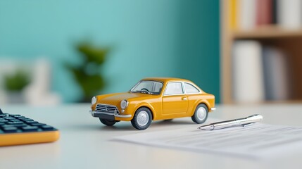 Closeup view of a yellow toy car and stack of car insurance documents on a desk with a pen and calculator showcasing the administrative and financial aspects of the automotive industry