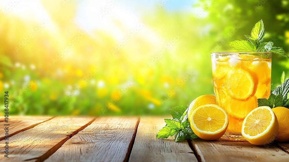 Poster a refreshing glass of lemonade with lemon slices and mint leaves on a wooden table against a bright 