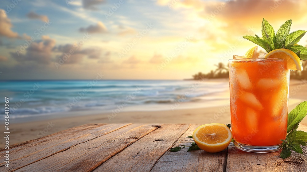 Poster A refreshing glass of lemonade with lemon slices and mint leaves on a wooden table against a bright summer backdrop symbolizing a cool drink on a hot day with side empty space for text, Stockphoto