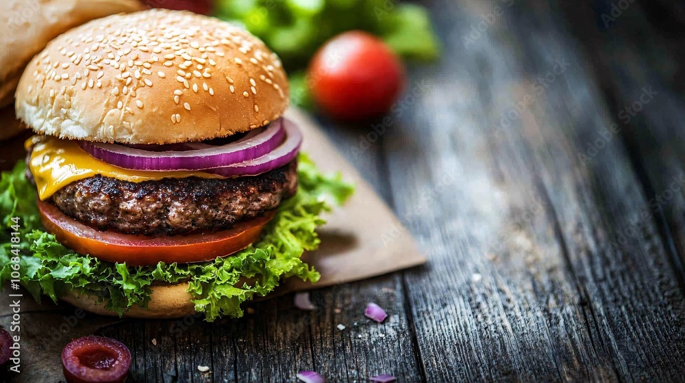Poster a gourmet burger with a juicy patty lettuce tomato and melted cheese on a rustic wooden table creati