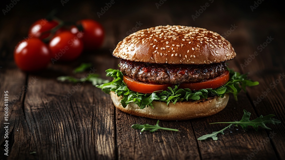 Poster a gourmet burger with a juicy patty lettuce tomato and melted cheese on a rustic wooden table creati