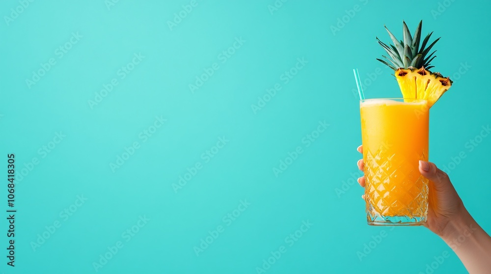 Poster hand holding a refreshing tropical cocktail with pineapple garnish against a beach background captur