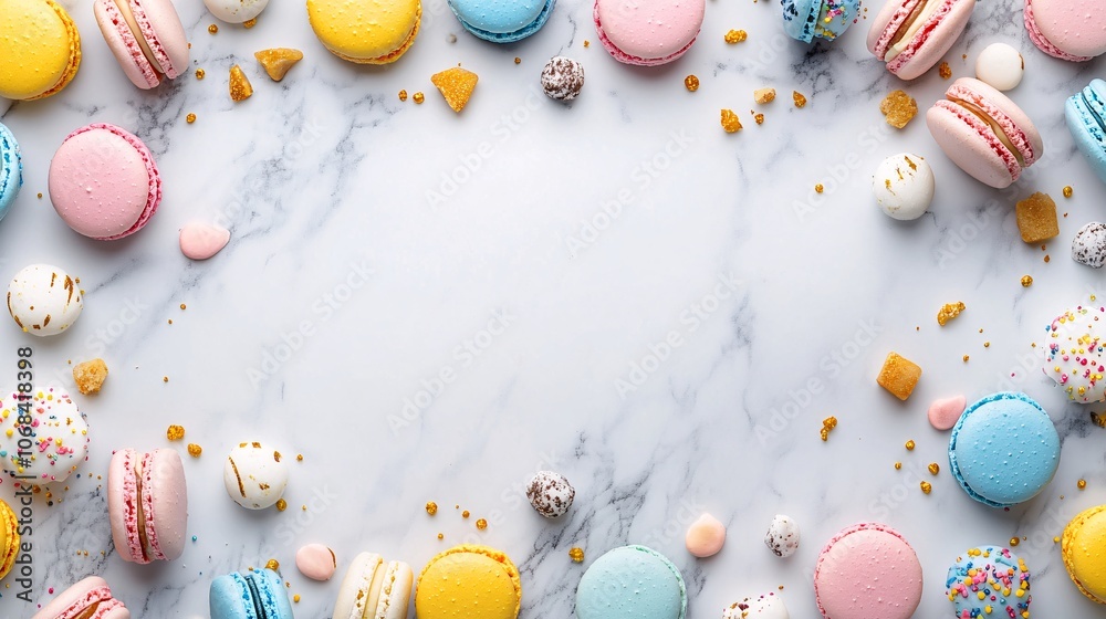 Poster A selection of colorful macarons arranged on a marble surface in pastel shades creating an elegant dessert moment with side empty space for text, Stockphoto style