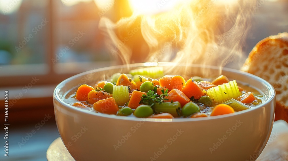Poster a steamy bowl of vegetable soup with carrots celery and herbs served with crusty bread on the side c