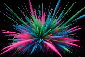 Neon glitter explosion with bright pink green and blue sparkles against black, Ai Generated
