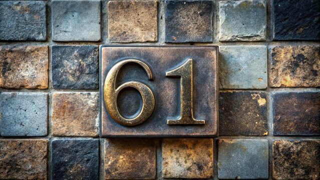 Uneven-colored dark metal number sixty-one on textured stone blocks with dust , metal, number, sixty-one, dark, uneven, textured