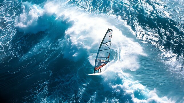 Windsurfer rides the high seas. A windsurfer speeds across the ocean waves.