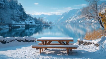 A snowy picnic table sits by a frozen lake with mountains in the background.
