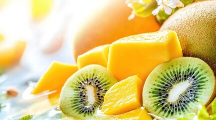 A vibrant arrangement of sliced kiwi and mango, showcasing fresh fruits in natural light.