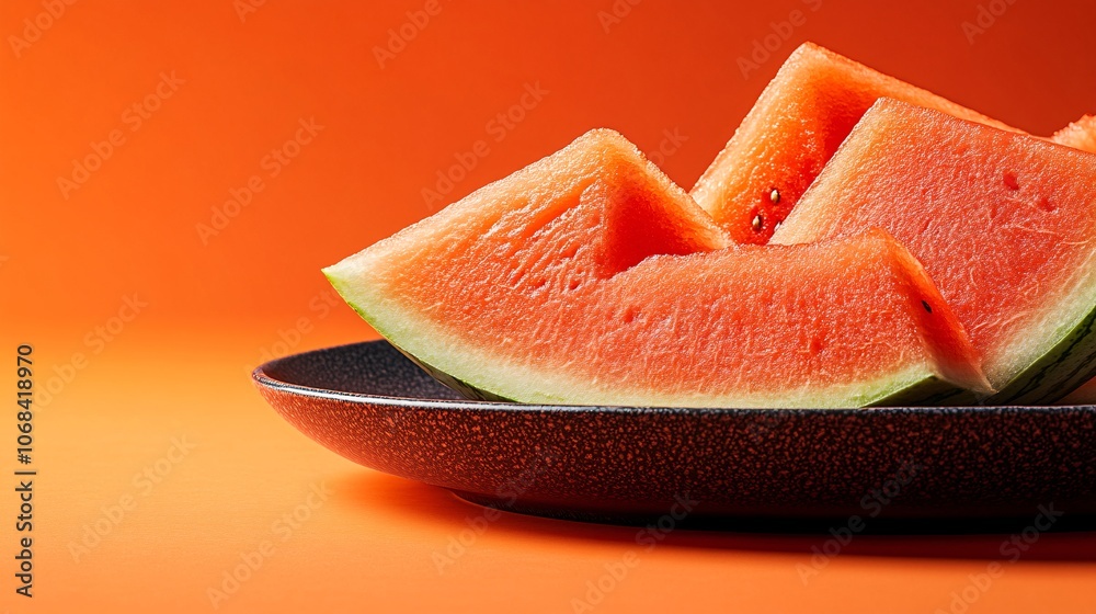 Poster Freshly cut watermelon slices arranged on a large platter with a bright summer background creating a refreshing fruit scene with side empty space for text, Stockphoto style