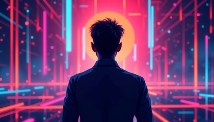 Fototapeta premium Silhouette of a man standing confidently in front of a vibrant neon abstract background