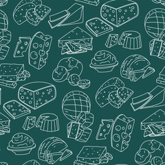 A pattern of doodle cheeses of different types. Vector texture illustration of cheeses in different positions, slicing, individual pieces, collection of dairy products. White line on blue, seamless