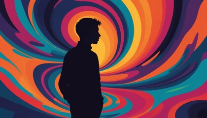 Silhouette of a person standing thoughtfully in front of a vibrant abstract background