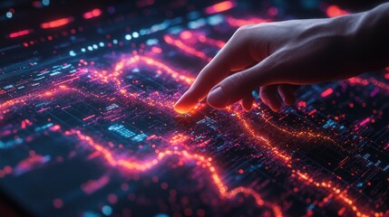 A hand points to a glowing digital map of a city on a screen.