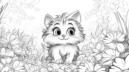 A cute animated kitten explores a vibrant garden filled with blooming flowers under bright sunlight, coloring page.