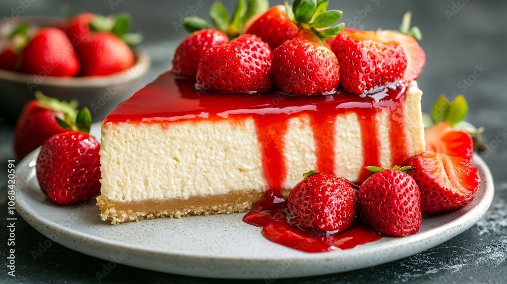 Poster A slice of cheesecake topped with fresh strawberries and a drizzle of sauce on a white plate creating a sophisticated dessert image with side empty space for text, Stockphoto style