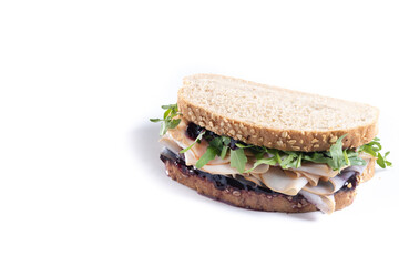 Turkey sandwich with cranberry sauce for Thanksgiving isolated on white background. Copy space