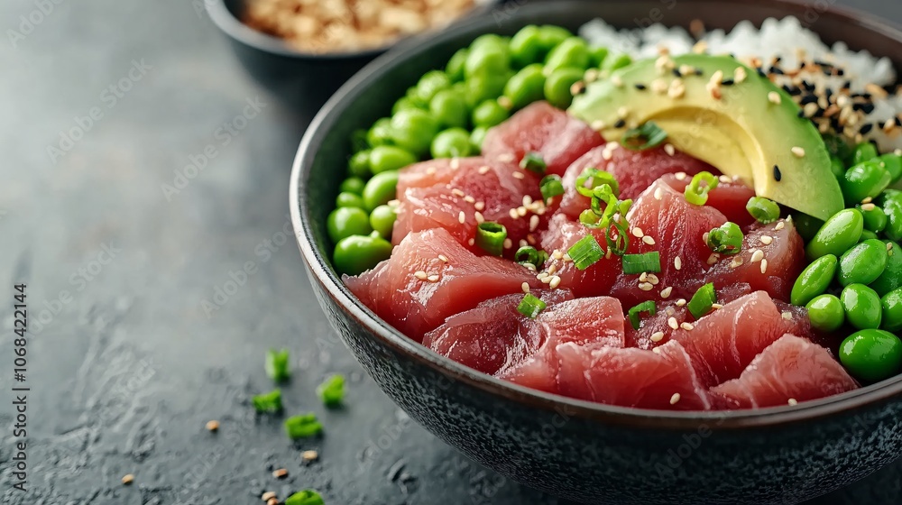 Poster a colorful poke bowl with fresh tuna avocado and edamame arranged on a table representing hawaiian f