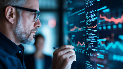 Side view of a data analyst writing formulas on a glass board overlaid with demographic charts, colleagues in blurred background