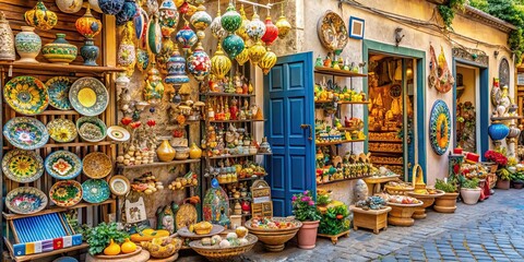 Fototapeta premium Souvenirs displayed outside a shop in Sorrento, Italy, Italy, Sorrento, souvenirs, shop, display, colorful