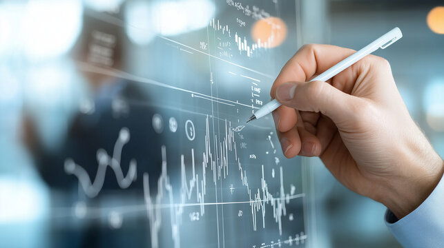 Side view of a data analyst writing formulas on a glass board overlaid with demographic charts, colleagues in blurred background
