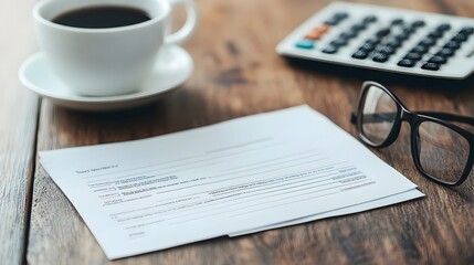 Insurance claim or application form on a wooden desk along with a cup of coffee calculator and pair of glasses creating a professional and organized work environment