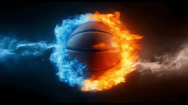 A basketball is surrounded by water and fire. The water is blue and the fire is orange. The basketball is the center of the image