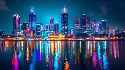 Fototapeta premium City lights reflecting off the river at night. The vibrant colors of the city lights create a beautiful and lively scene.