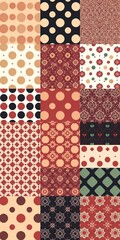 Set of twelve seamless geometric patterns including circles, triangles, squares, and hexagons in various color schemes, shapes