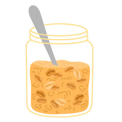 Oatmeal or granola flakes in glass jar with spoon. Healthy cereal breakfast icon. Oat snack, delicious snack. Cartoon Vector Illustration isolated on white background.