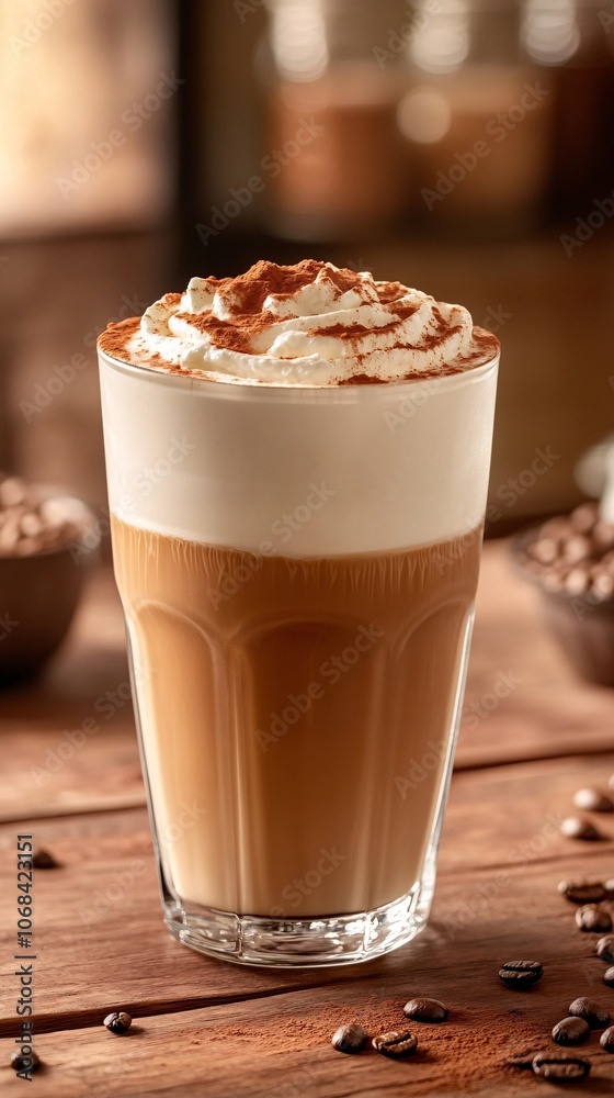 Poster A tall glass of iced caramel latte with milk swirls set against a soft blurred cafe background creating a coffee culture ambiance with side empty space for text Stockphoto style
