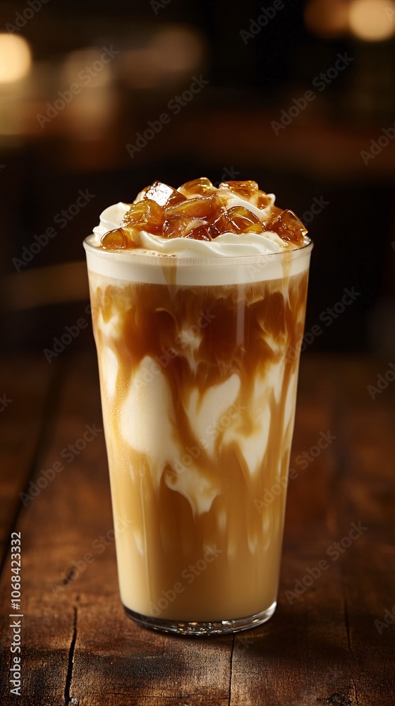 Poster A tall glass of iced caramel latte with milk swirls set against a soft blurred cafe background creating a coffee culture ambiance with side empty space for text Stockphoto style