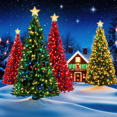 Obraz premium Christmas background with snow and a christmas tree filled with houses and decorated with colorful Christmas lights