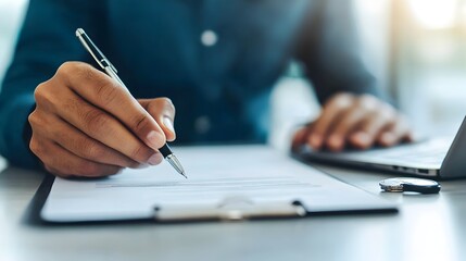 Car insurance agent presenting documents and policies to customer on office desk with laptop and car keys discussing insurance coverage and services