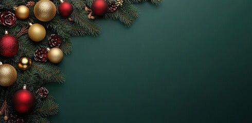 Elegant Christmas tree decorated with golden and red ornaments evoking festive holiday spirit against a rich green background