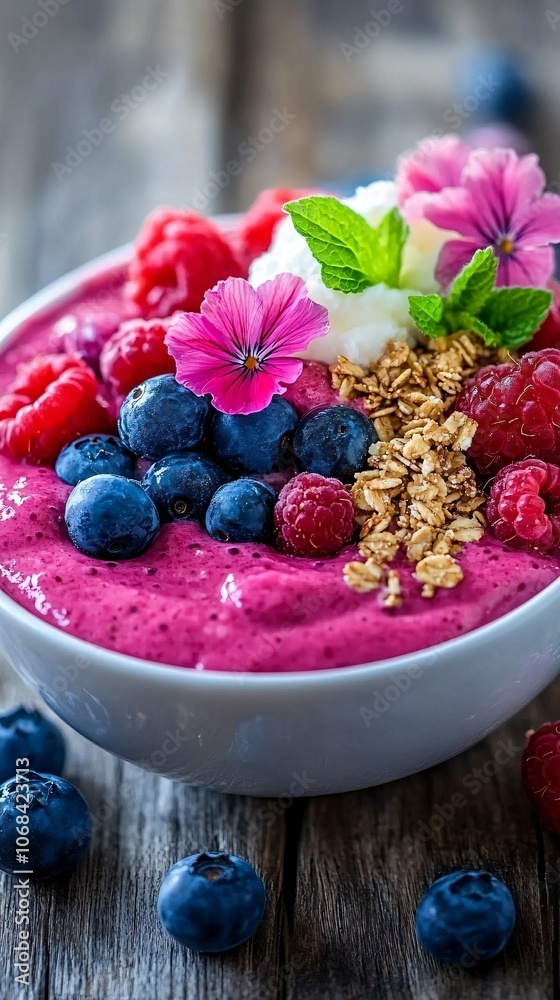Poster a bowl of colorful acai smoothie topped with granola fresh berries and edible flowers on a wooden ta