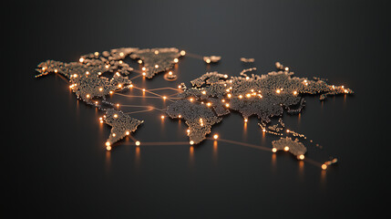 Global network illustration with bright dots as data centers floating over a semi-transparent map, connected by arcing light paths