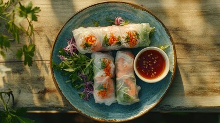 Crispy Spring Rolls Served on a Rustic Plate