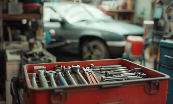 Selective focus on a tools in toolbox at mechanic's shop with mechanic repairing the car in blurry background