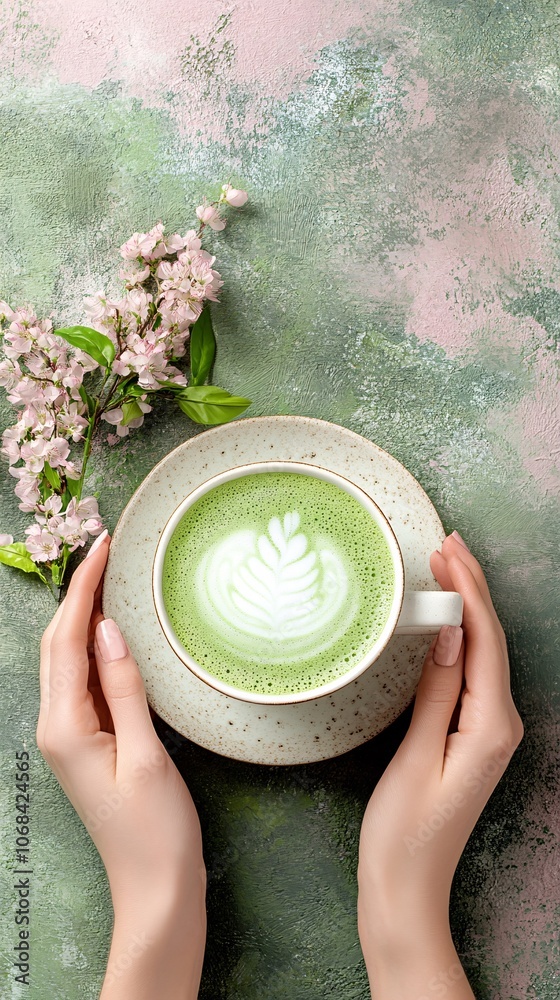 Poster a cozy scene of hands holding a warm cup of matcha latte with delicate foam art capturing the essenc