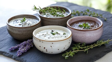 Small Ceramic Bowls of Dipping Sauces Displayed