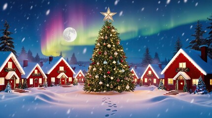 Obraz premium Christmas background with snow and a christmas tree filled with houses and decorated with colorful Christmas lights