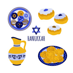 Hanukkah food. Sufganiyot doughnuts, latkes hash browns, sweets and olive oil in a jug.Flat illustrations on a white background